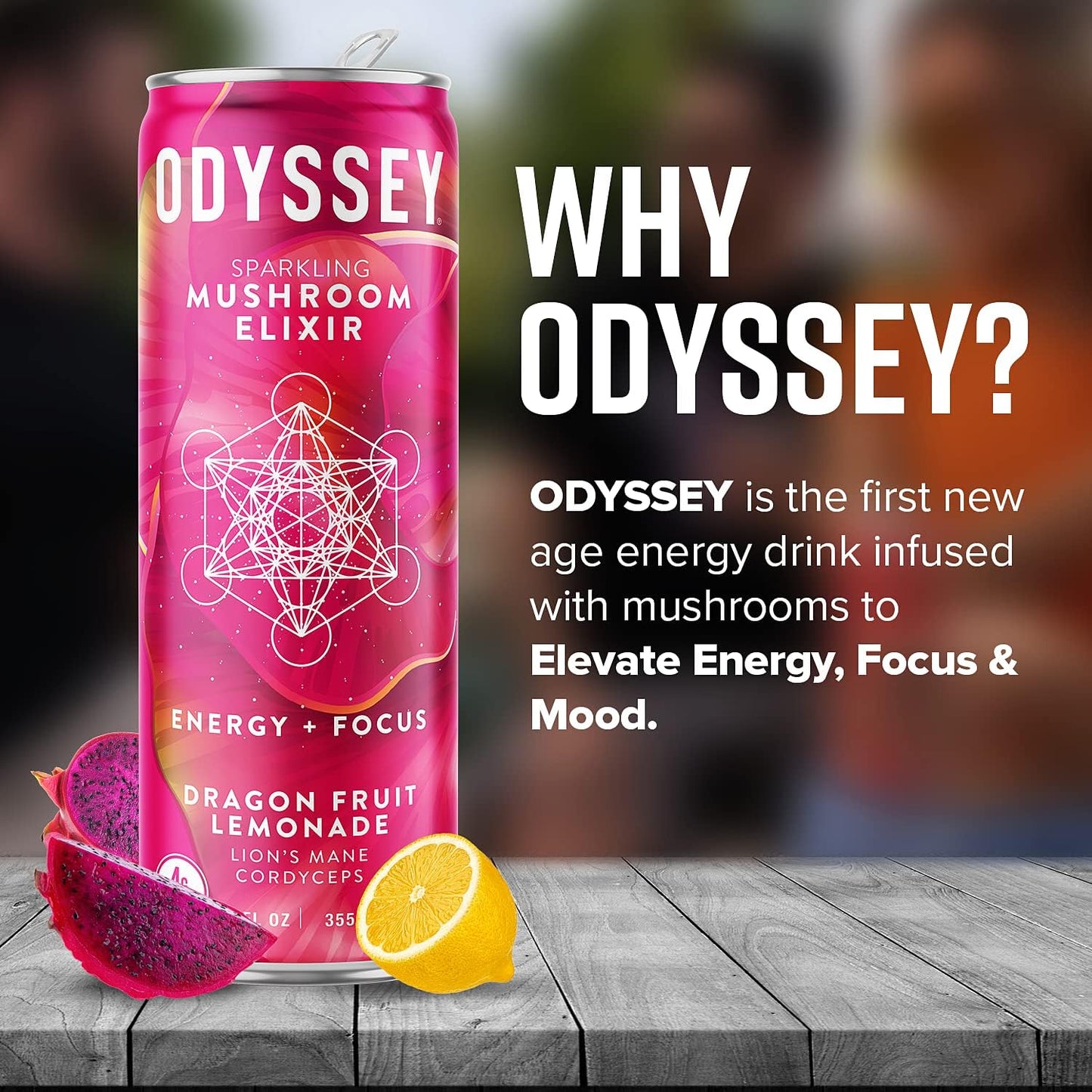 Odyssey Elixir Sparkling Adaptogen Drink, Low Calorie Drinks, L Theanine, Lions Mane, Cordyceps & Green Tea Caffeine for Energy & Focus, Non-GMO, Vegan, Dragon Fruit Lemonade Flavor, 12 Fl oz, 12 Pack