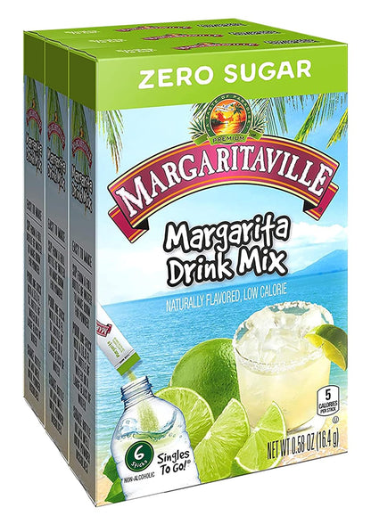Margaritaville Singles To Go Water Drink Mix - Margarita Flavored, Non-Alcoholic Powder Sticks (3 Boxes with 6 Packets Each - 18 Total Servings)