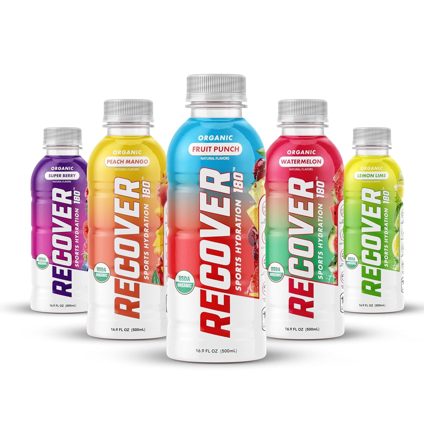 RECOVER 180 Organic Hydration Sports Drink, No Sugar Added, 15 Calorie Sports Beverage, Organic Flavors With Vitamins, Potassium-Packed Electrolytes (16.9 Fl Oz (Pack of 12), Variety Pack)