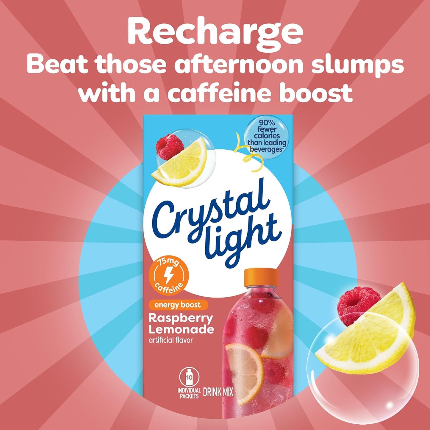 Crystal Light Raspberry Lemonade Energy Boost Drink Mix, 10 ct On-the-Go-Packets
