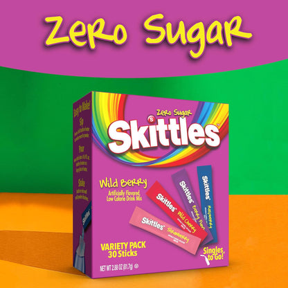 Skittles Singles To Go Wild Berry Variety Pack, Watertok Powdered Drink Mix, Zero Sugar, Low Calorie, Includes 4 Wild Berry Flavors, 1 Box (30 Single Servings)
