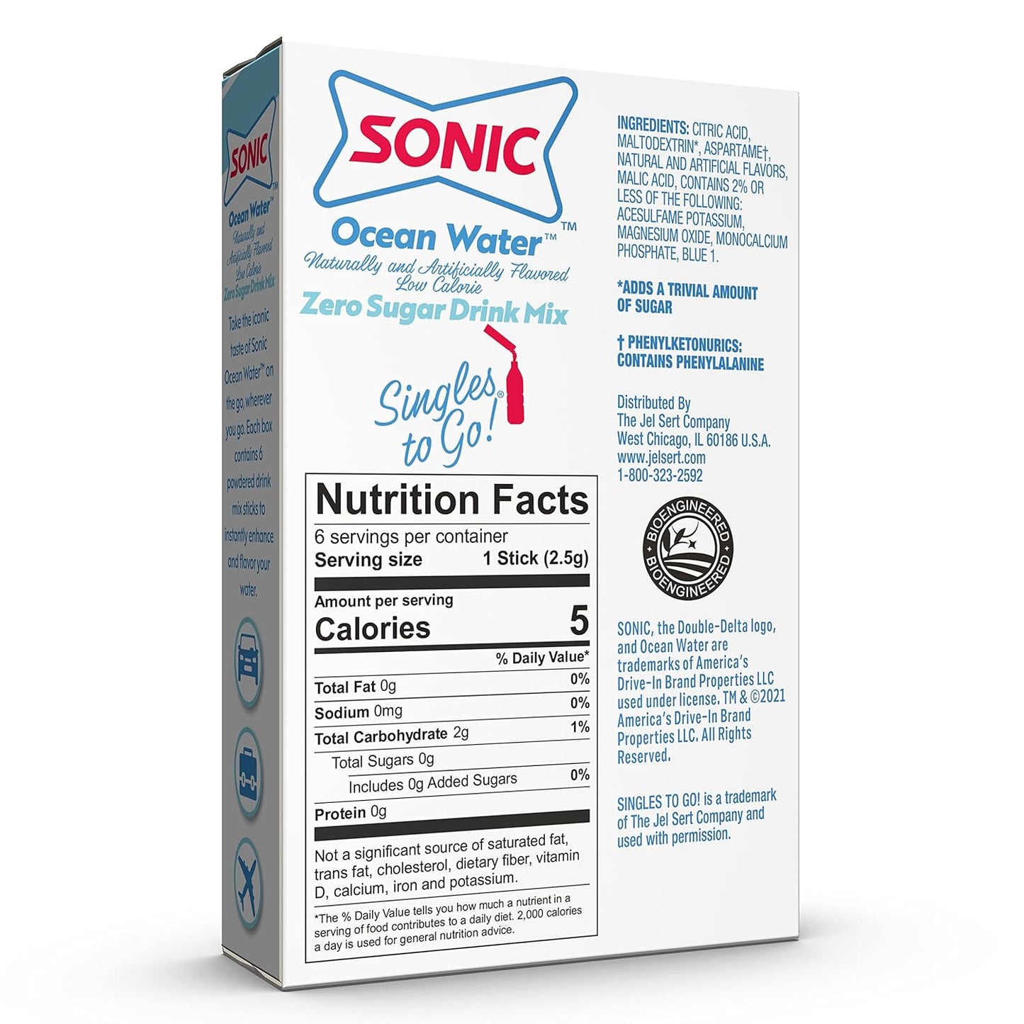 Sonic Singles to Go Powdered Drink Mix, Ocean Water, 6 Sticks per Box, 3 Boxes included (18 Sticks Total)