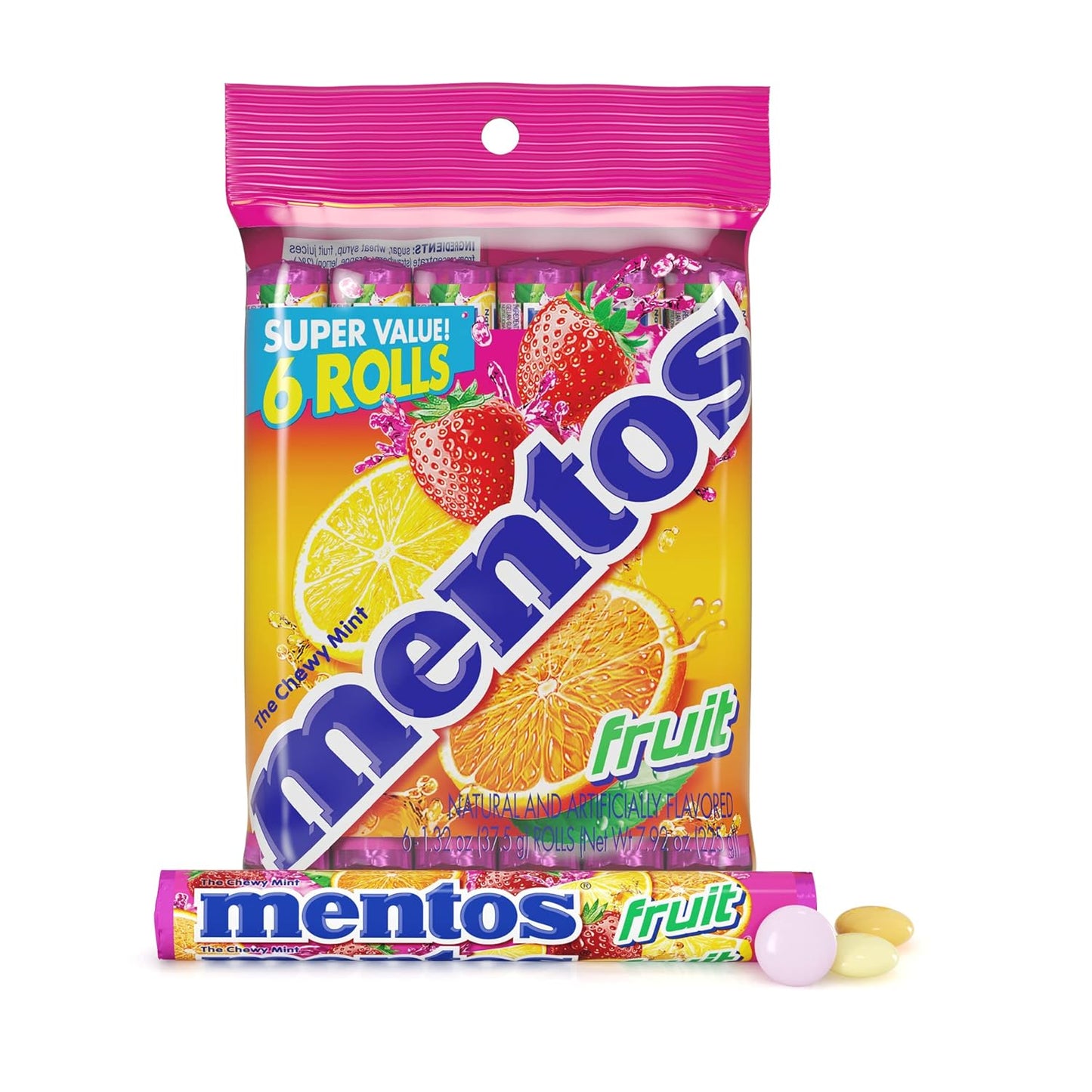 Mentos Chewy Candy Mint Roll, Fruit, Holiday Christmas Stocking Stuffers for Adults & Kids, Non-Melting, 14 Count (Pack of 6)