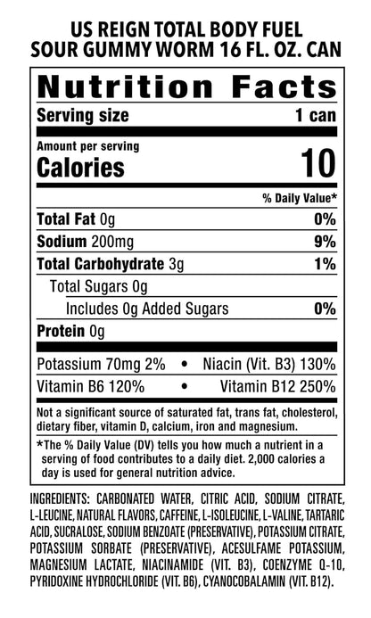 Reign Total Body Fuel, Sour Gummy Worm, Fitness & Performance Drink, 16 Fl Oz (Pack of 12)