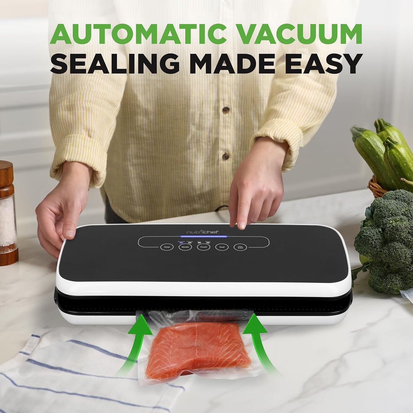 NutriChef Automatic Vacuum Air Sealing System for Food Preservation with Starter Kit, Compact Design, Lab Tested, Dry & Moist Food Modes with Led Indicator Lights, Black