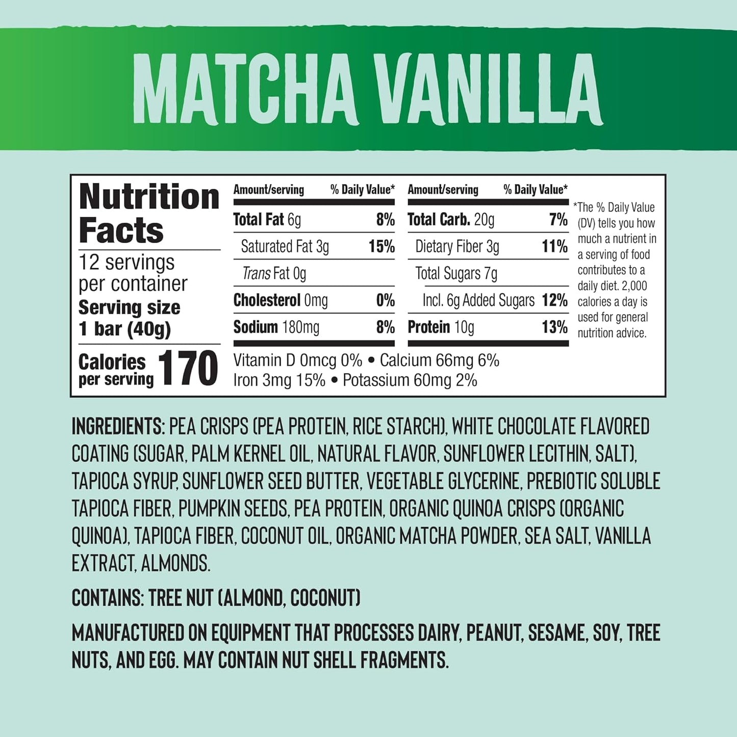 Mezcla Vegan Protein Bars, Gluten Free Snack Made with Pumpkin Seeds, Pea Protein, Organic Vanilla and Other Premium Ingredients, Healthy Snacks, Matcha Vanilla, 10g of Protein, 12 Pack