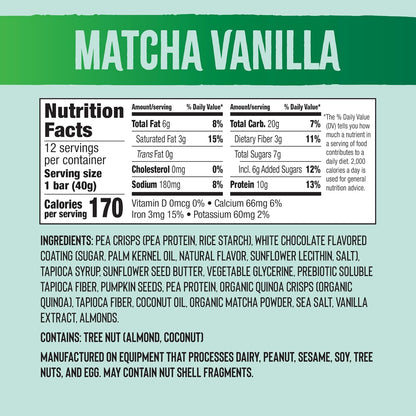 Mezcla Vegan Protein Bars, Gluten Free Snack Made with Pumpkin Seeds, Pea Protein, Organic Vanilla and Other Premium Ingredients, Healthy Snacks, Matcha Vanilla, 10g of Protein, 12 Pack