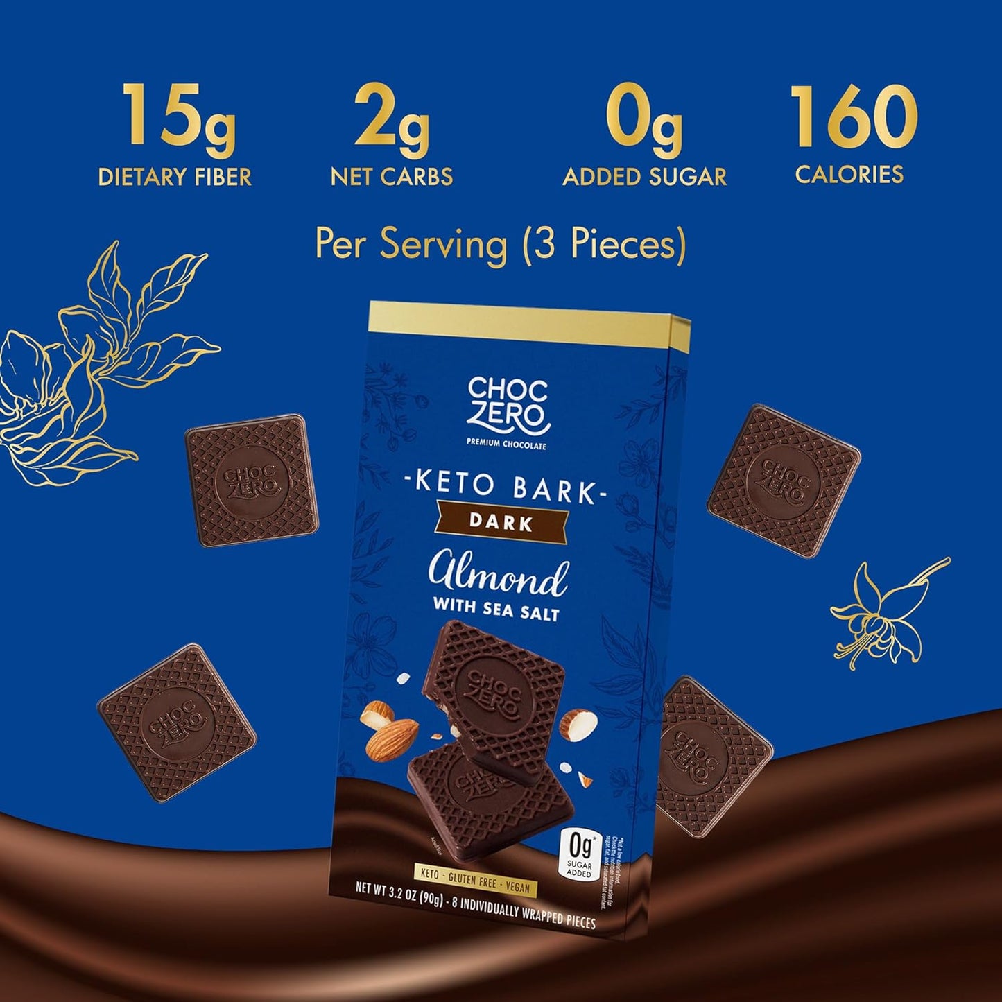 ChocZero Keto Bark, Dark Chocolate Almonds with Sea Salt, Sugar Free, Low Carb, No Sugar Alcohols, No Artificial Sweeteners, All Natural, Non-GMO, 3.2 Ounce (Pack of 4)