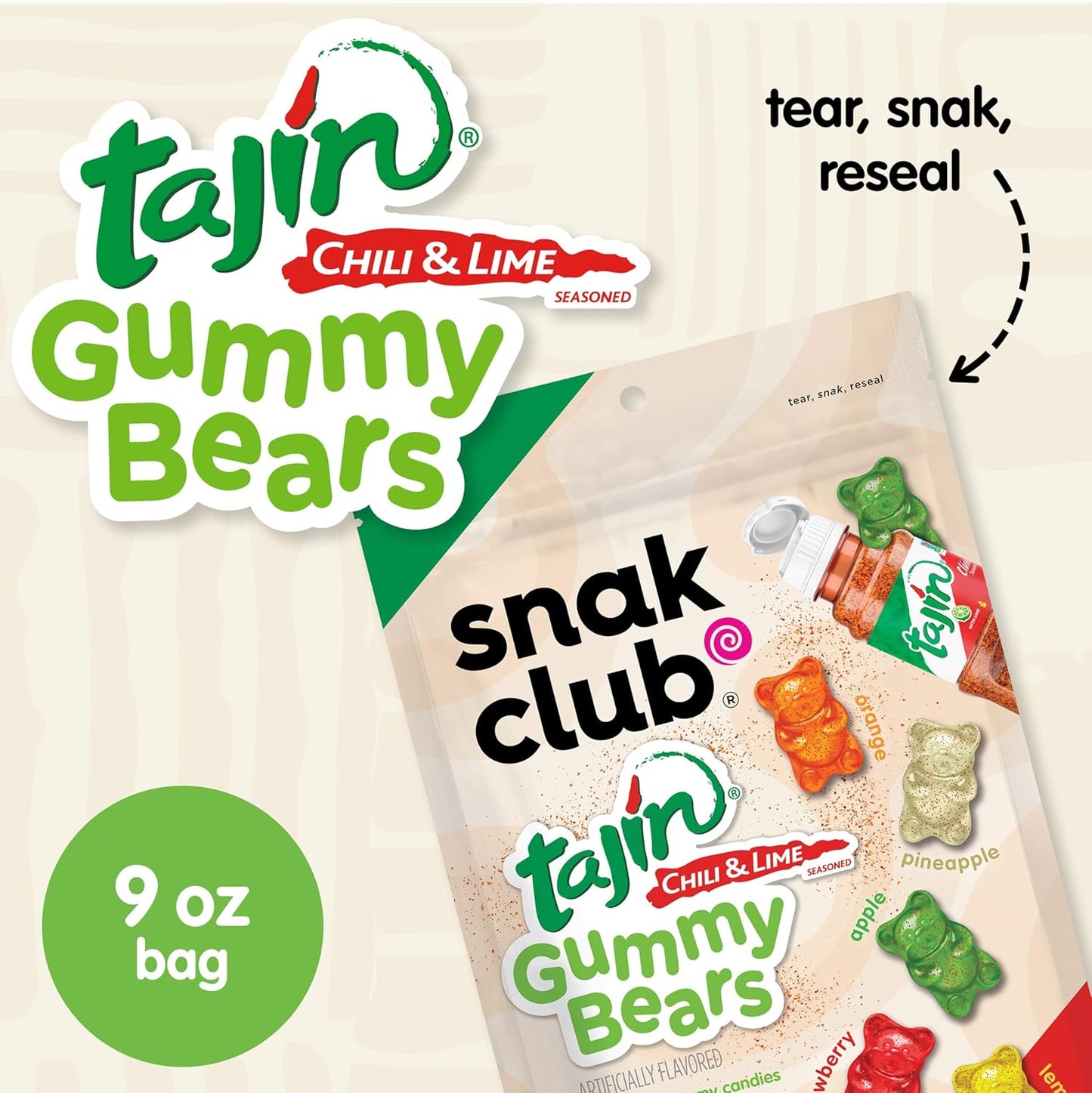 Snak Club Tajin Gummy Bears, Assorted Fruit Candy Gummies with Chili and Lime Seasoning, Mild, Gluten-Free and Vegan Snacks, 9 oz Resealable Bag