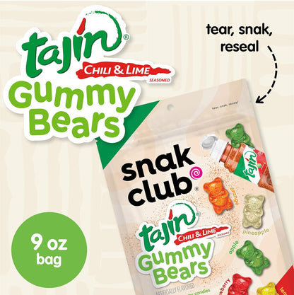 Snak Club Tajin Gummy Bears, Assorted Fruit Candy Gummies with Chili and Lime Seasoning, Mild, Gluten-Free and Vegan Snacks, 9 oz Resealable Bag