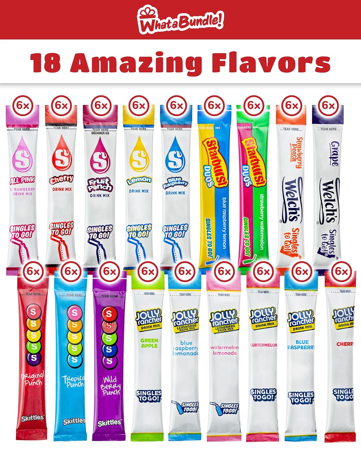 WhataBundle! Water Flavoring Packets - 18 Candy Flavors of Flavored Water Packets - 108 Servings - Sugar Free Drink Mix Packets in a WhataBundle! Box
