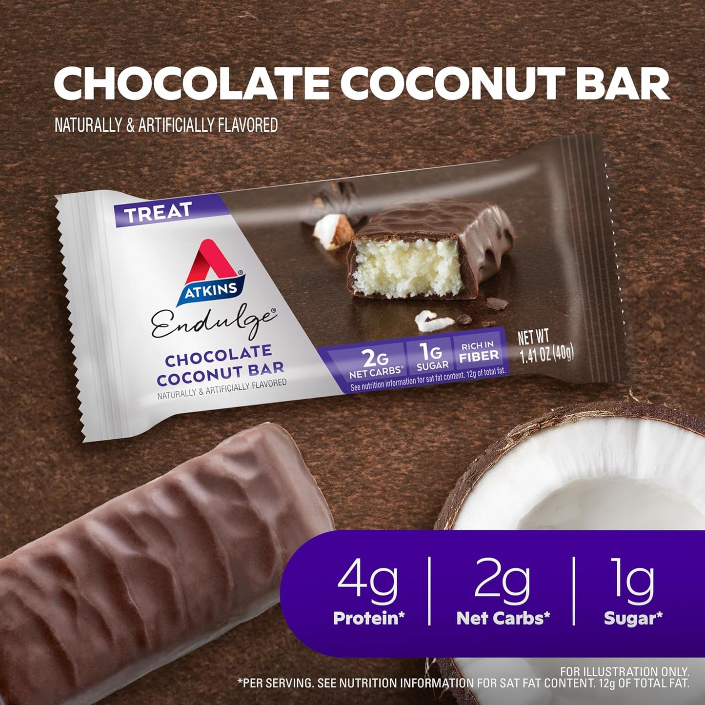 Atkins Endulge Chocolate Coconut Bar, Dessert Favorite, High in Fiber, 1g Sugar, 16 Count