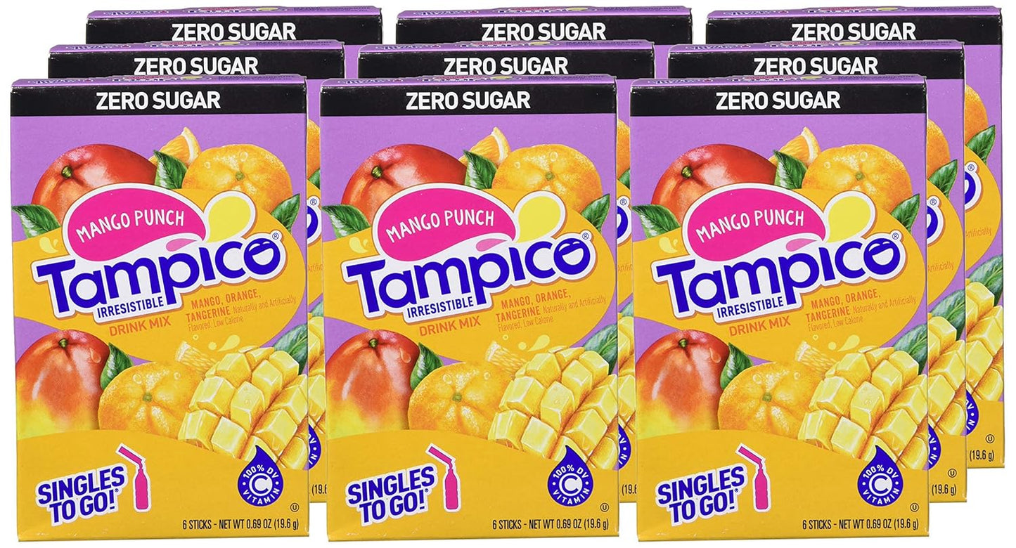 Tampico Singles To Go Drink Mix Packets, Mango Punch, Zero Sugar, Low Calorie, 100% DV of Vitamin C per Serving, Convenient, On-The-Go Water Enhancers, 6 sticks, Pack of 1