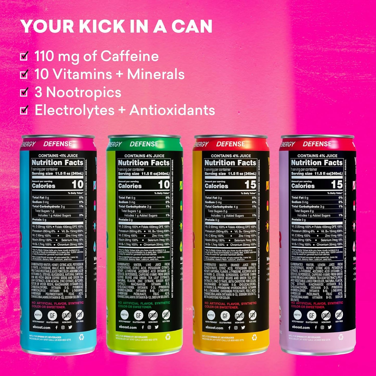 EBOOST Super Fuel Natural Energy Drink - Variety Pack, 12 Pack - 3 x Orange Mango, Strawberry Lemonade, Ginger Lime, and Blue Raspberry - Natural Caffeine from Coffee and Green Tea