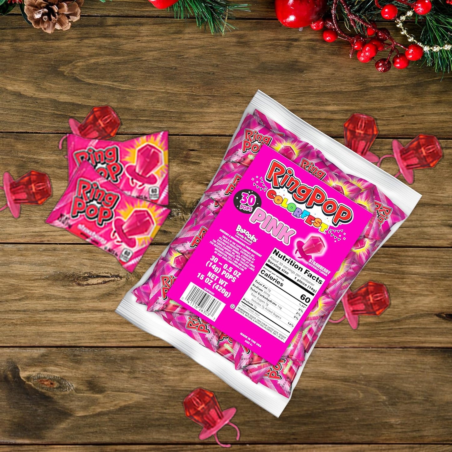 Ring Pop Pink Colorfest Holiday Candy Pink Lollipops - 30 Ct Bulk Candy Individually Wrapped in Pink Strawberry Flavor - Hard Candy Lollipops For Party Favors, Stocking Stuffers, Bachelorette Parties