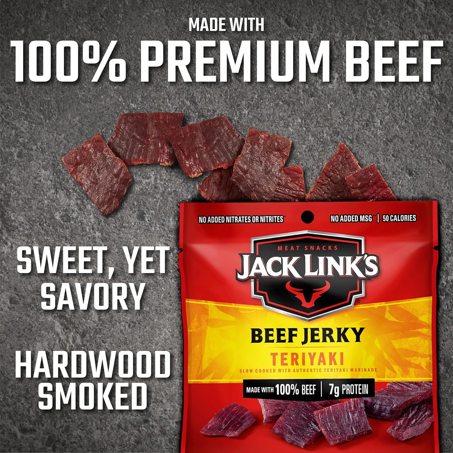 Jack Link's Beef Jerky, Teriyaki, Multipack Bags – Flavorful Meat Snacks for Lunches, Ready to Eat - Great Stocking Stuffers, Gifts for Men, 7g of Protein, Made with 100% Beef – 0.625 oz (Pack of 20)