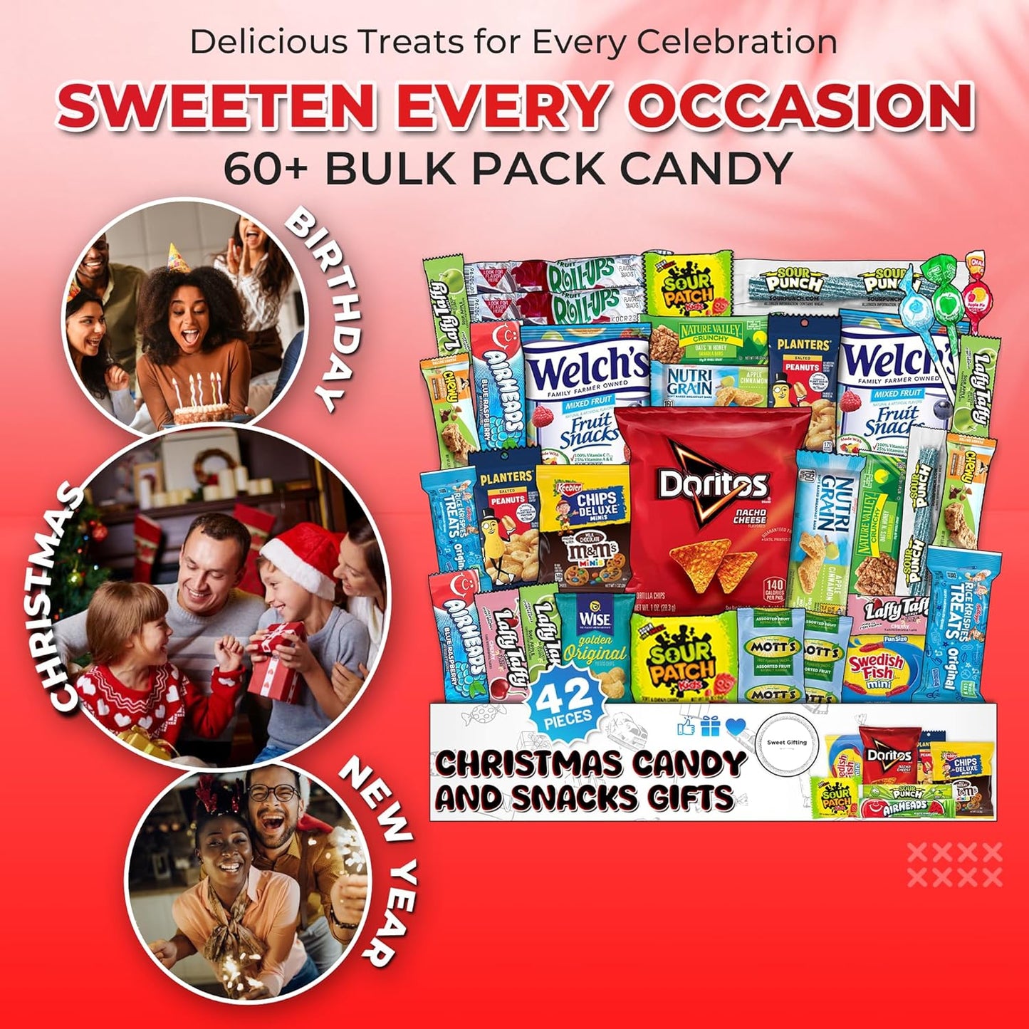 Ultimate Christmas Snacks Box, Assorted Snacks Variety Pack for Adults, Chips, Candies 42 count - Christmas Care Package for Women, College Students