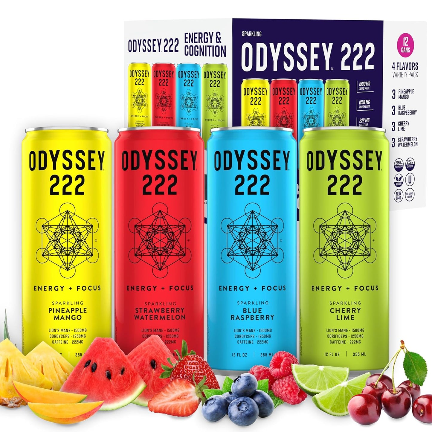 Odyssey 222 Energy Drink, Pre Workout, 222mg Caffeine, Clean Energy Drinks, L Theanine, Lions Mane, Cordyceps & Green Tea for Energy, Focus & Mood Boost, Low Calorie, Variety Pack, 12 Fl oz, 12 Pack
