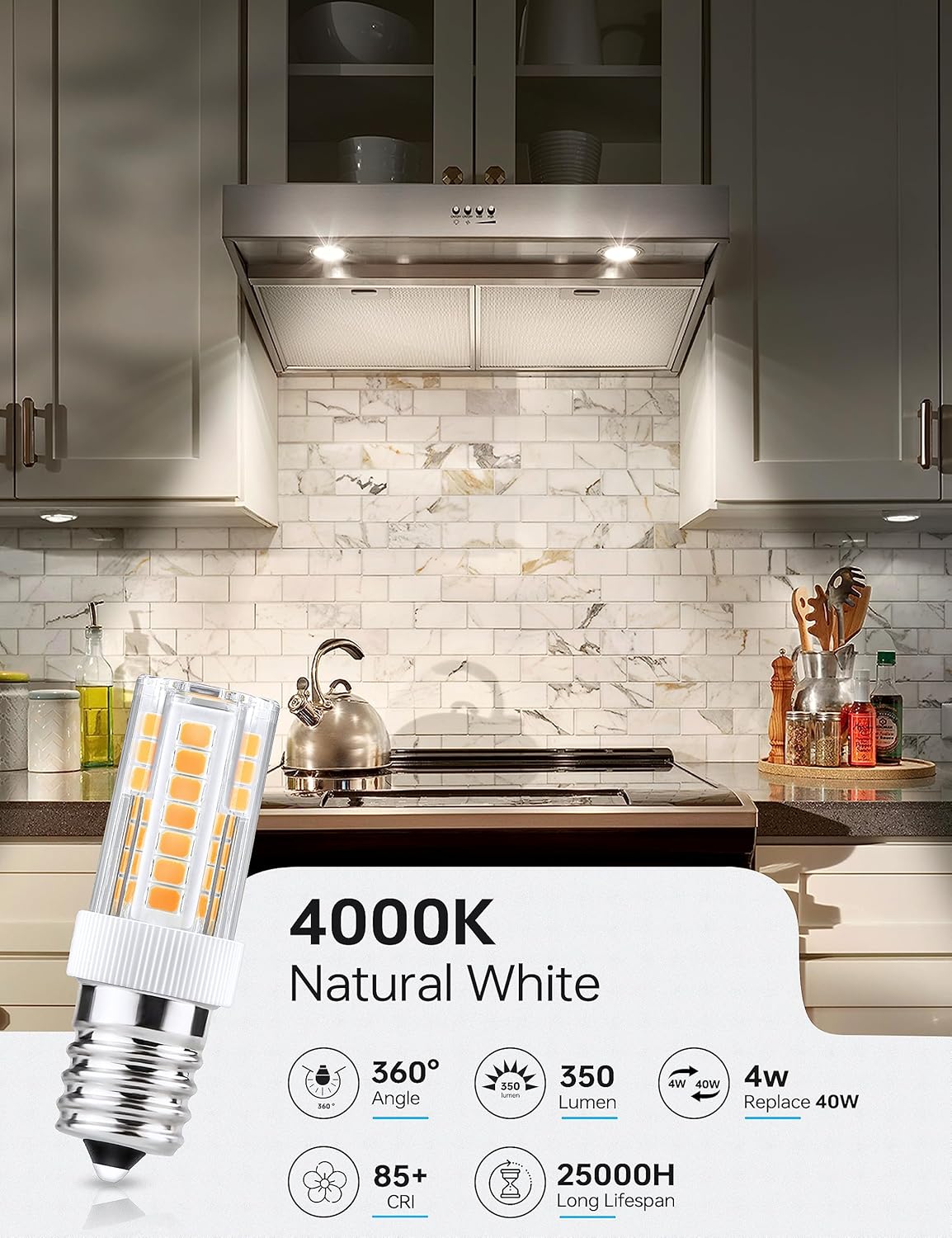 KINDEEP Dimmable Ceramic E17 LED Bulbs, 40W Halogen Bulb Equivalent, 350LM, Natural White 4000K LED Bulbs for Microwave Oven Appliance Over Stove Range Hood, 2 Pack