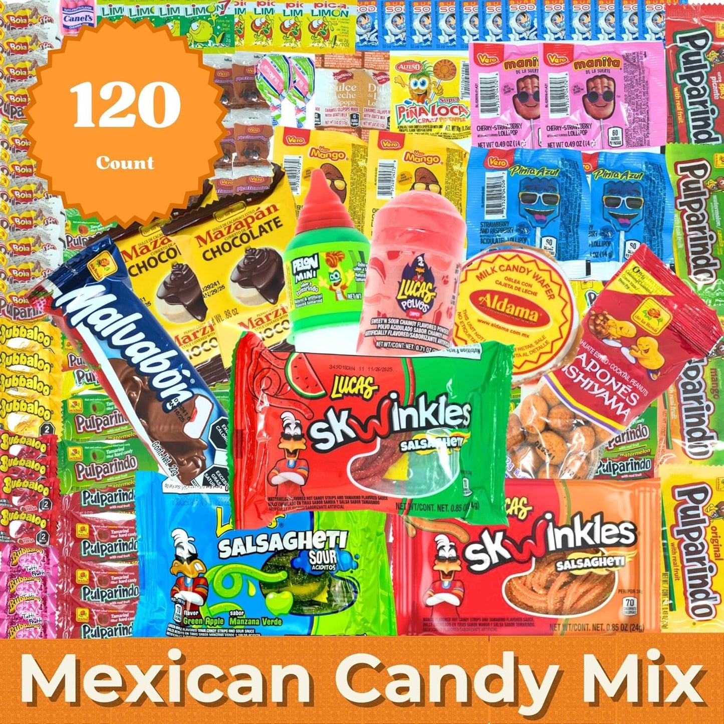 Mexican Candy Variety Pack 120 pieces, Authentic Dulces Mexicanos, Perfect for Piñatas, Includes Vero, Lucas, Pulparindo. Spicy, Sweet and Sour Assortment Mix Candy, Fiesta, Birthdays