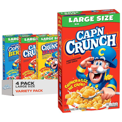Cap'n Crunch Cereal, 3 Flavor Variety Pack, Large Size Boxes, (4 Pack)