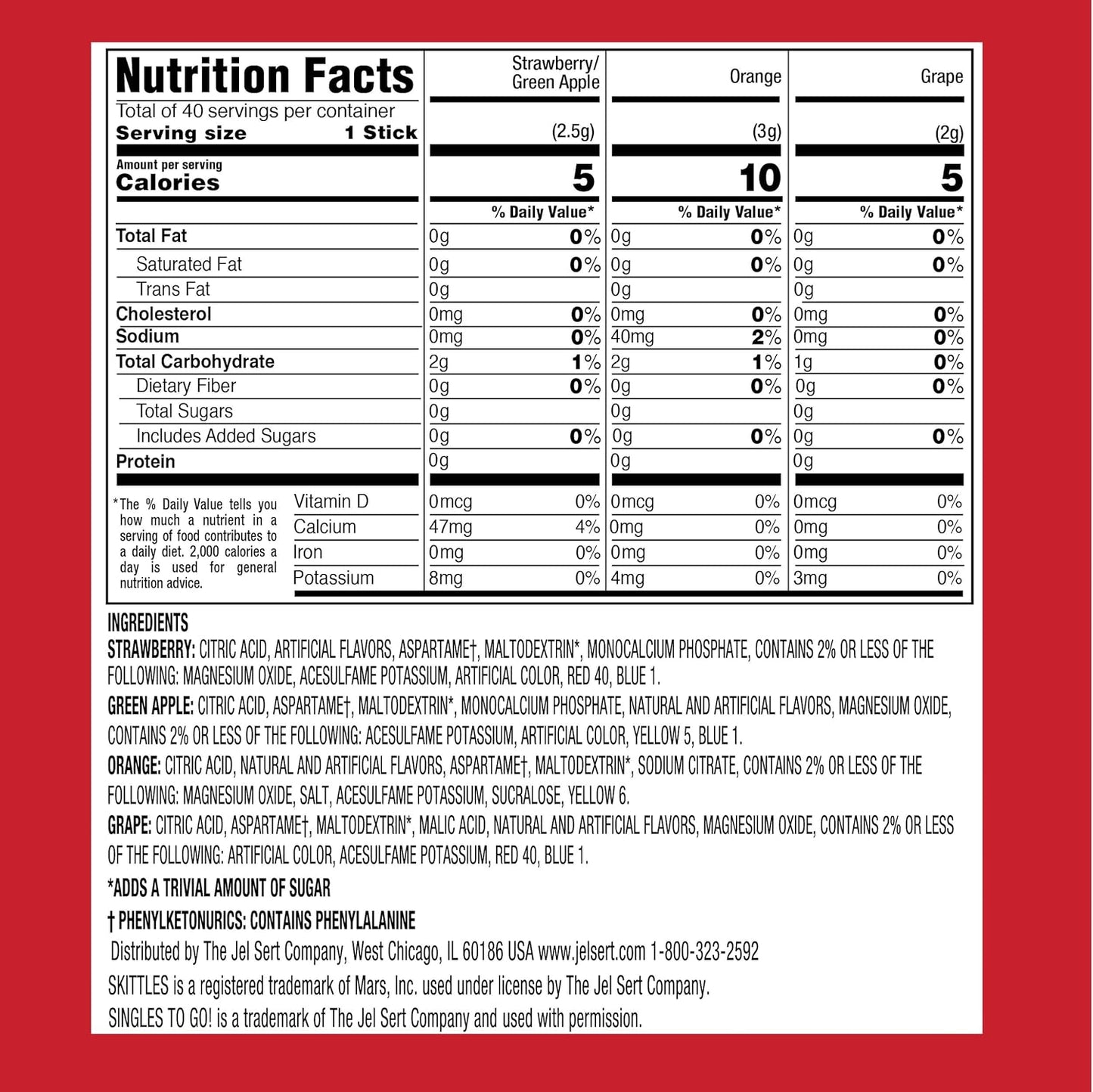 Skittles Zero Sugar Low Calorie Singles To Go Bulk Variety Pack Drink Mix - 2 Boxes of 40 Sticks Each - 80 Total Sticks - 4 Fruity Flavors: Strawberry, Orange, Green Apple and Grape - PACK OF 2