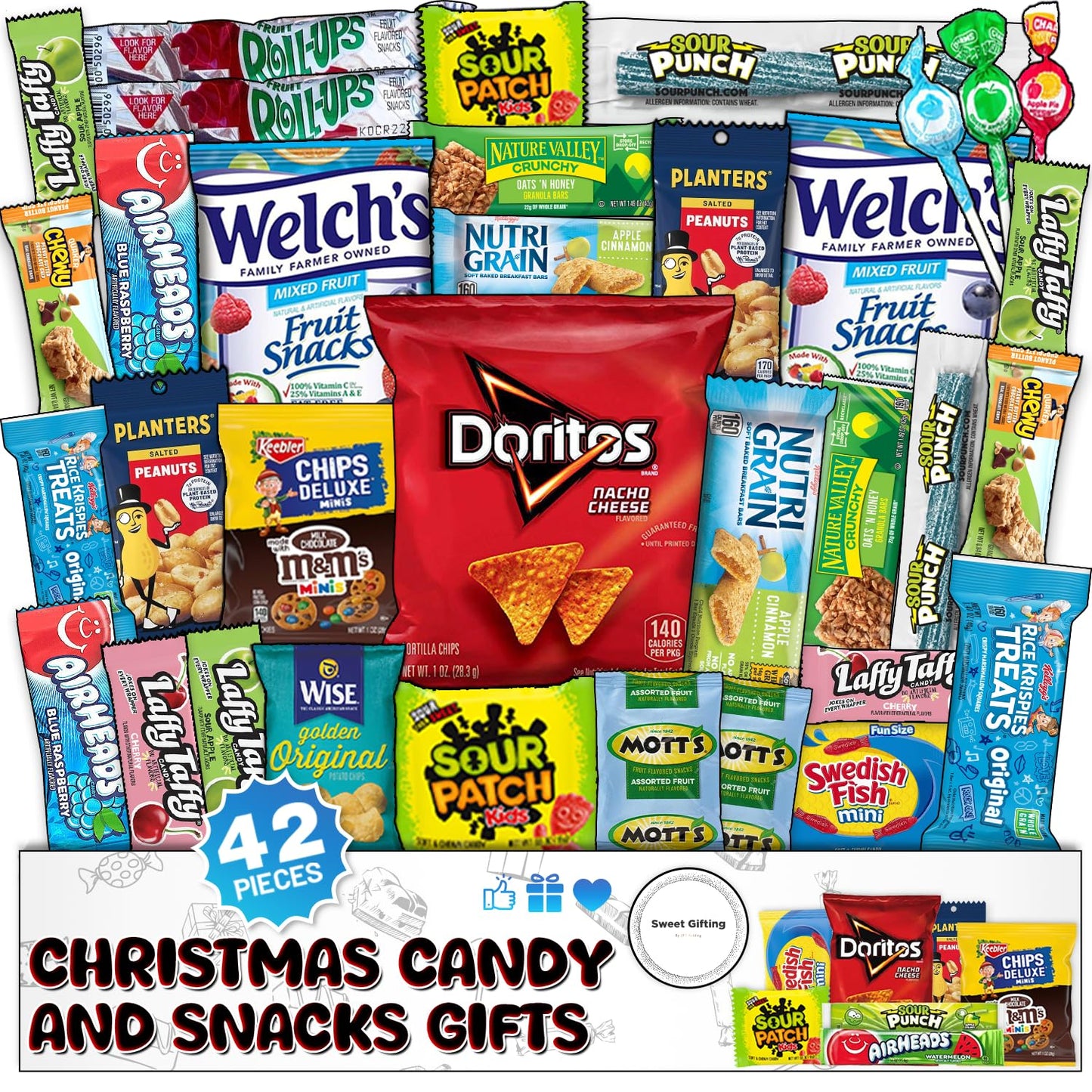 Ultimate Christmas Snacks Box, Assorted Snacks Variety Pack for Adults, Chips, Candies 42 count - Christmas Care Package for Women, College Students