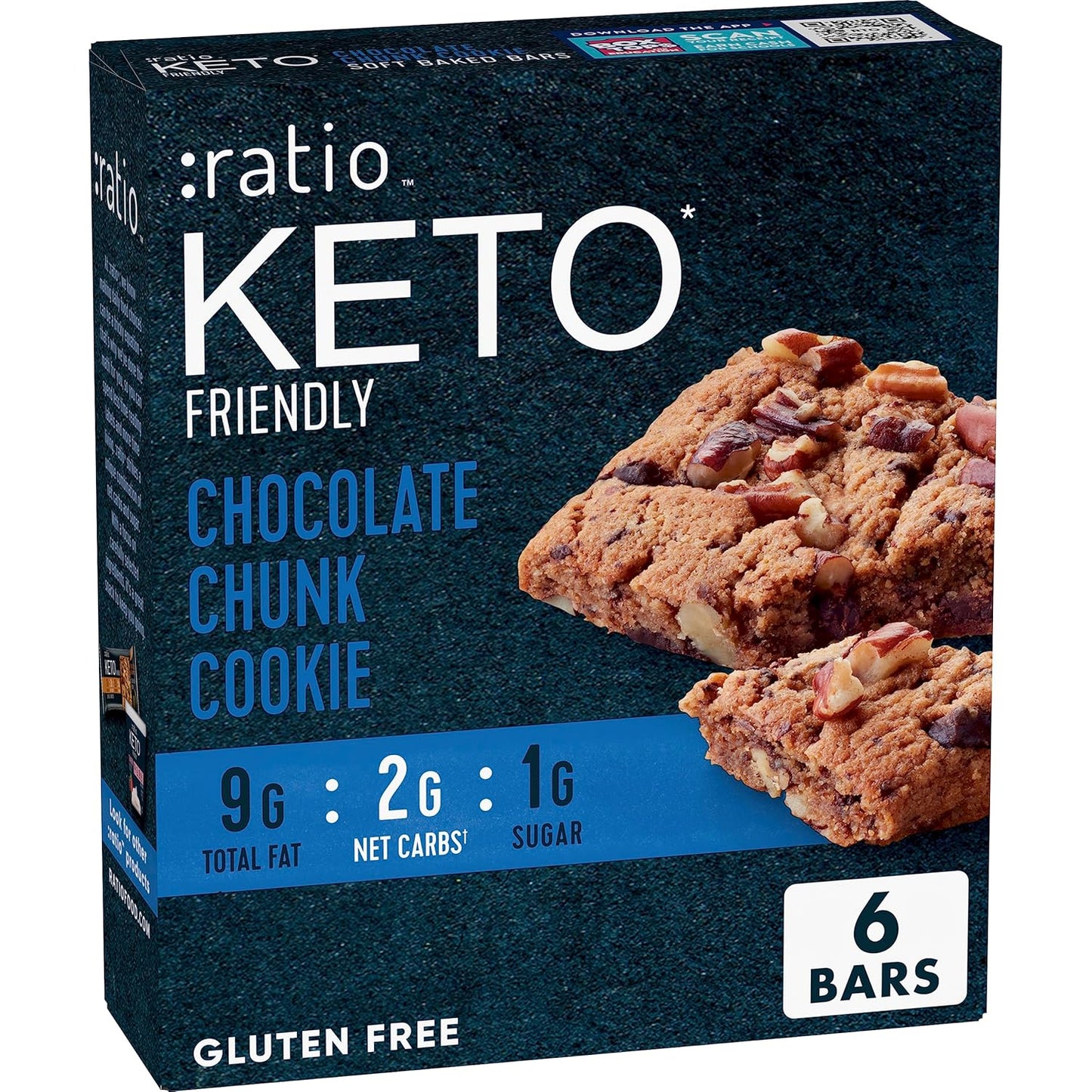 Ratio Soft Baked Bars, Chocolate Chunk Cookie, 1g Sugar, Keto Friendly, 5.34 oz (6 Bars)
