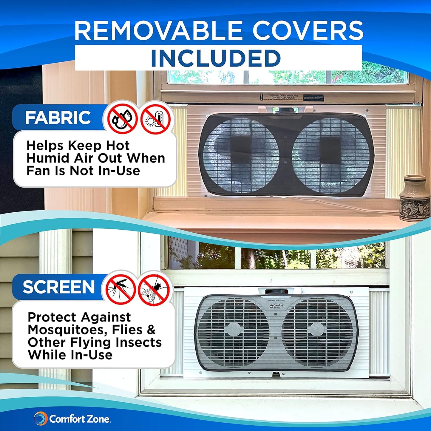 Comfort Zone Twin Window Fan with Quiet Setting, Reversible Airflow Control, 9 inch, 3-Speeds, Expandable, Exhaust, Dual Fan, Airflow 9.84 ft/sec, Ideal for Home, Kitchen, Bedroom & Office, CZ319WT2