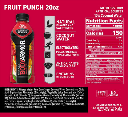 BODYARMOR Sports Drink Sports Beverage, Fruit Punch, Coconut Water Hydration, Natural Flavors With Vitamins, Potassium-Packed Electrolytes, Perfect For Athletes, 20 Fl Oz (Pack of 6)