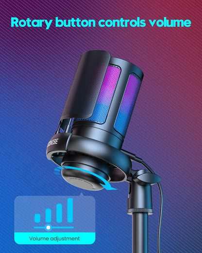 Gaming Microphone, USB PC Mic for Podcasts Videos, Streaming, Condenser Mic with Quick Mute, Tripod Stand, Pop Filter, RGB Indicator, Shock Mount, Rotate gain button, Compatible with PS4/5/PC