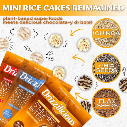 Drizzilicious Mini Rice Cakes Variety Pack - Rice Crisps, Healthy Snack for Adults and Kids, Flavored Rice Cakes, Vegan, Gluten Free, Allergen Free, Only 90 Calories Per Bag - .74 oz (Pack of 32)