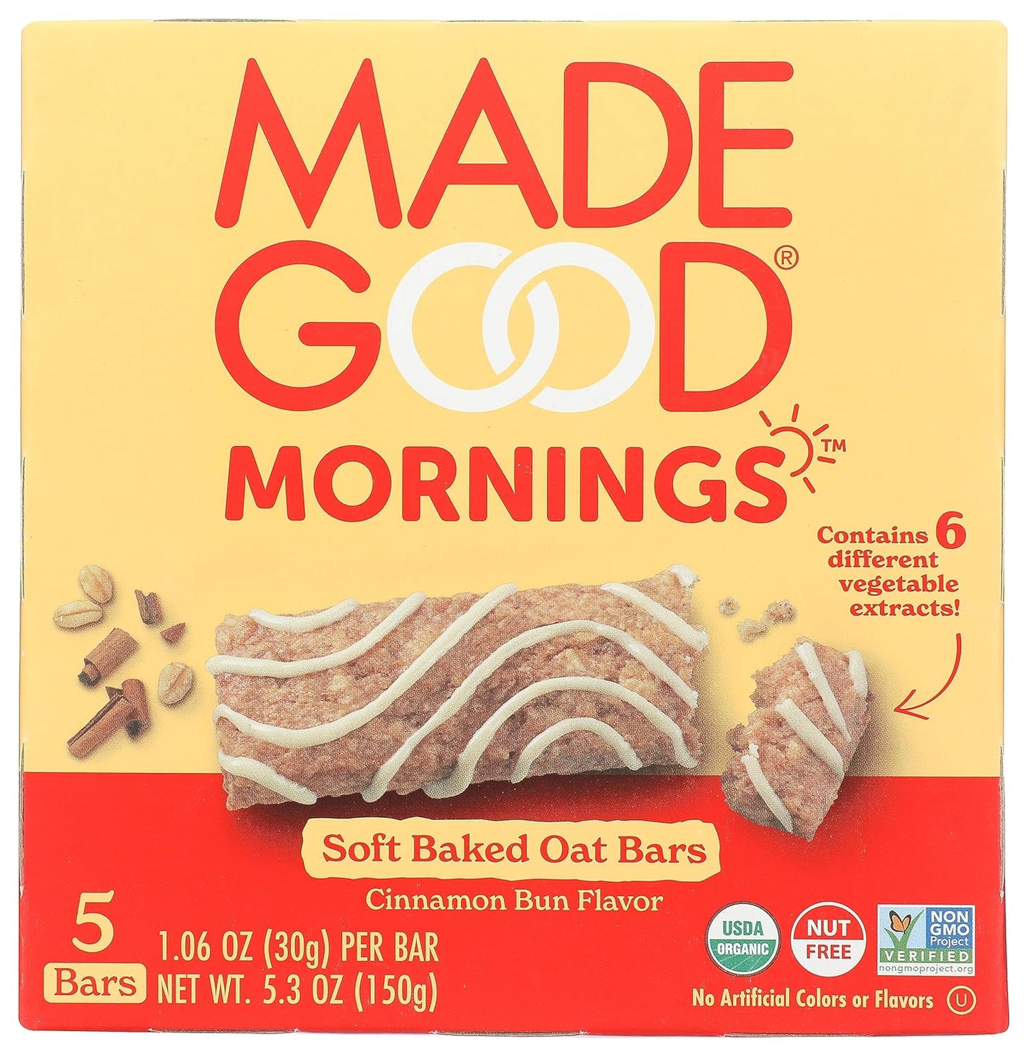 MadeGood Morning Cinnamon Bun Bars, 5ct/5.3 Oz, Organic Snacks