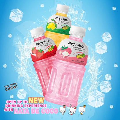 Mogu Mogu drink Variety Pack (6 Bottles) Drinks for kids made with fruit juice variety pack and nata de coco (coconut jelly) Fun chewable juice boxes for kids. Juice bottles with Lychee Juice, Mango Juice and Strawberry Juice