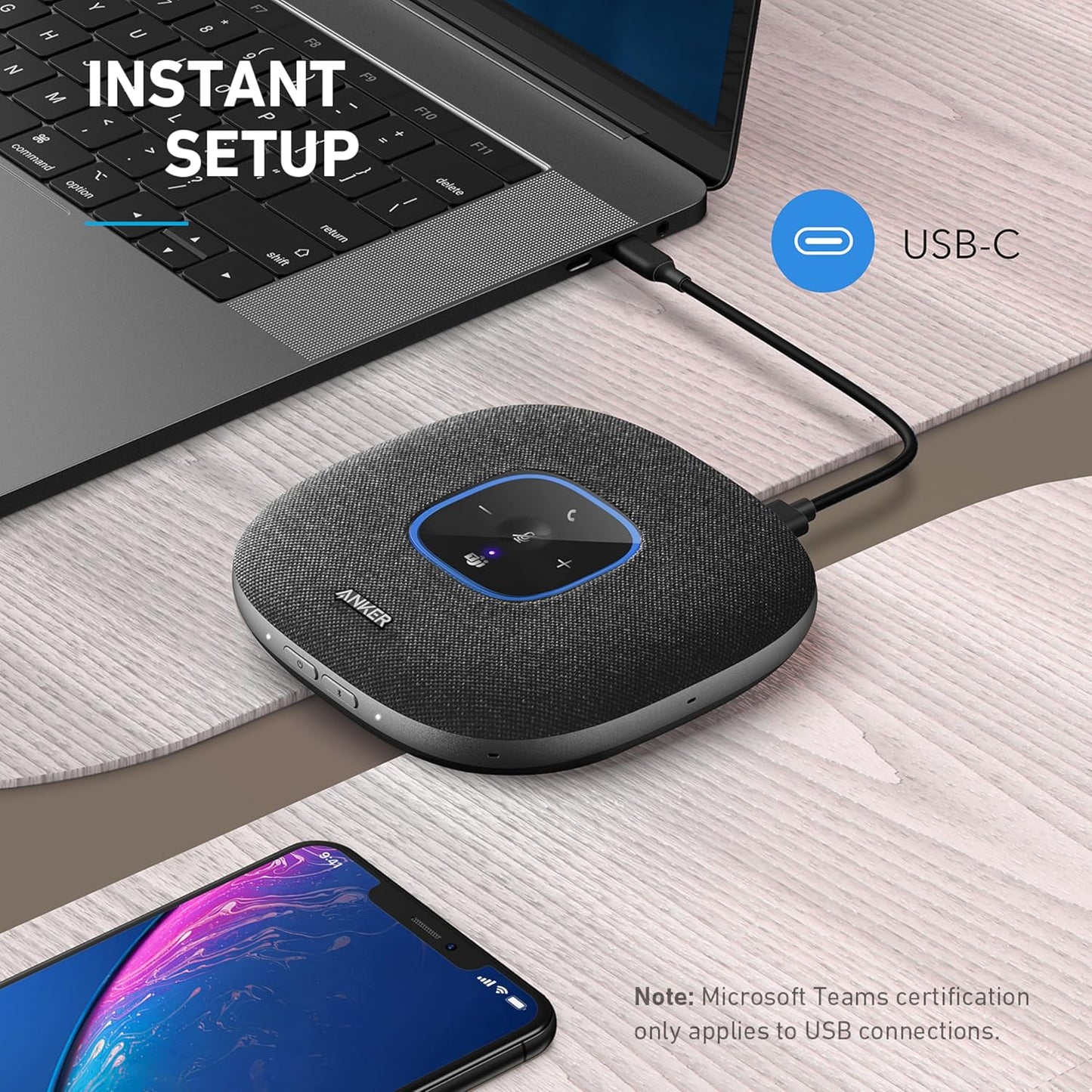 Anker PowerConf S3 MS Speakerphone with Microsoft Teams Certification, 6 Mics, Enhanced Voice Pickup, 24H Call Time, App Control, Bluetooth 5.3, USB C, Compatible with Leading Platforms, Home Office