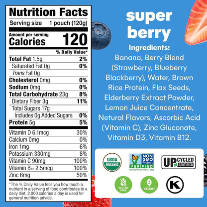 Noka Superfood Fruit Smoothie Pouches, Super Berry with Immune Support, Healthy Snacks with Elderberry, Flax Seed, Plant Protein, and Prebiotic Fiber, Gluten Free and Vegan, 4.22 oz, 12 Count