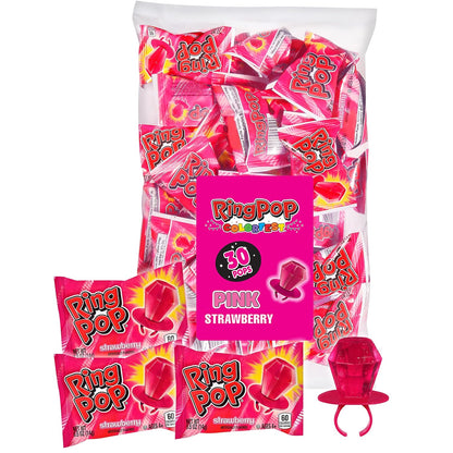Ring Pop Pink Colorfest Holiday Candy Pink Lollipops - 30 Ct Bulk Candy Individually Wrapped in Pink Strawberry Flavor - Hard Candy Lollipops For Party Favors, Stocking Stuffers, Bachelorette Parties