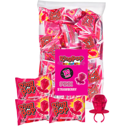Ring Pop Pink Colorfest Holiday Candy Pink Lollipops - 30 Ct Bulk Candy Individually Wrapped in Pink Strawberry Flavor - Hard Candy Lollipops For Party Favors, Stocking Stuffers, Bachelorette Parties