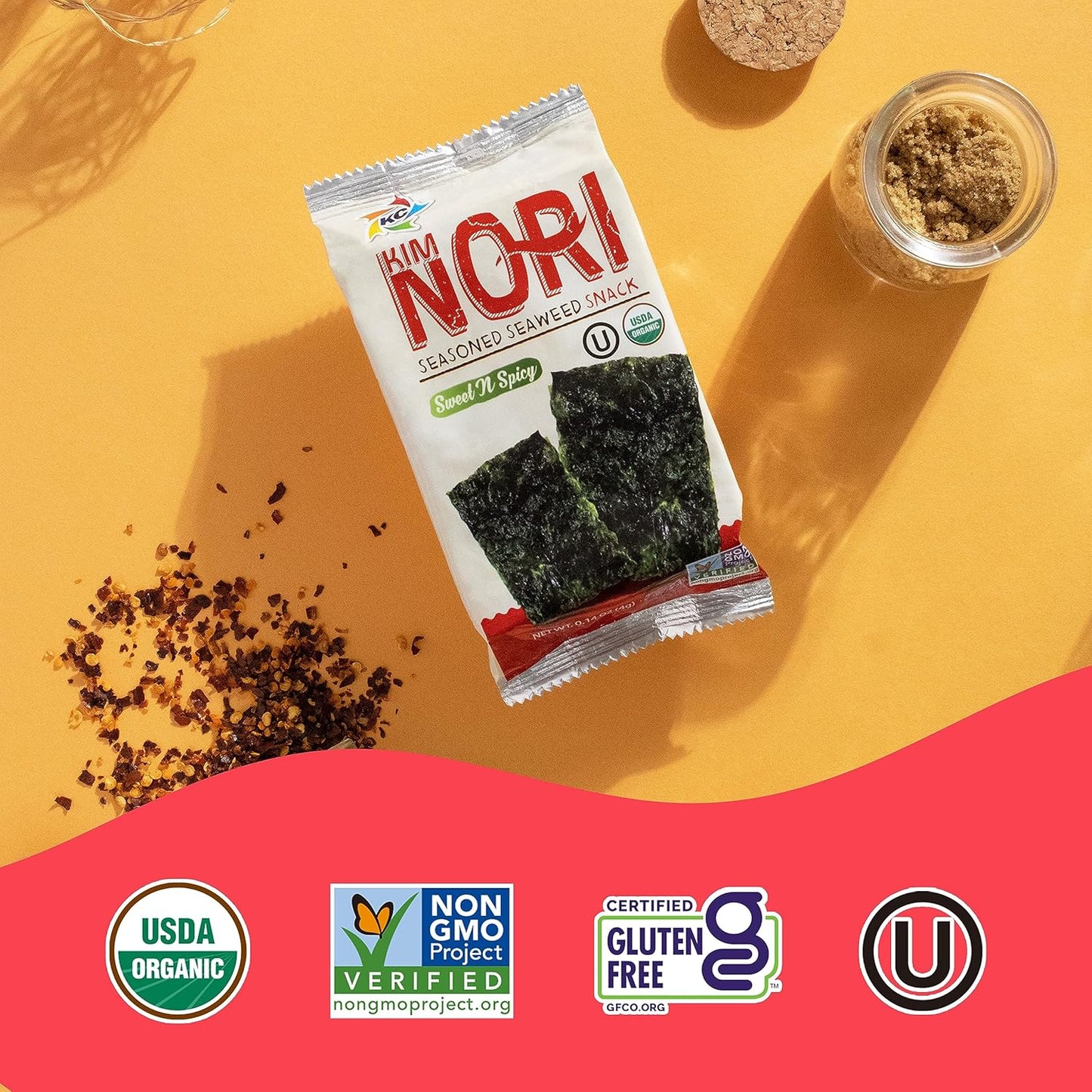 KIMNORI Seasoned Seaweed Snacks Sheets – Organic Sweet 'N Spicy Flavor 24 Individual Packs Roasted Crispy Premium 100% Natural Laver Kim Nori 4g 0.14 Ounce 김 のり 海苔 紫菜