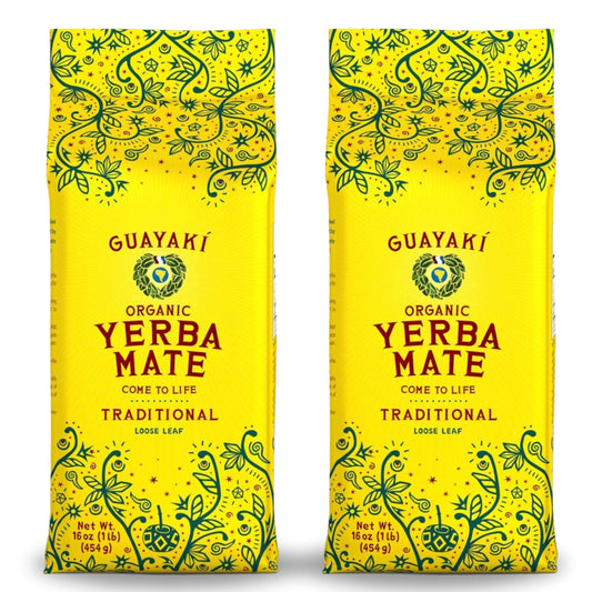 Guayakí Yerba Mate, Organic Traditional Unsweetened Loose Leaf, Perfect for Cold Weather Fall Drinks, 16 Oz (Pack of 2), 40mg Natural Caffeine, Unsmoked, Smooth Energy & Focus