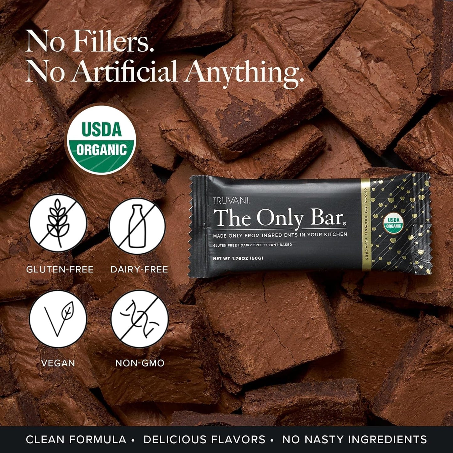 Truvani Plant Based Snack Bar | Chocolate Brownie Single Bar | 7g Protein | USDA Organic and Vegan | The Only Bar | Dairy, Soy, and Gluten Free | Individually Wrapped