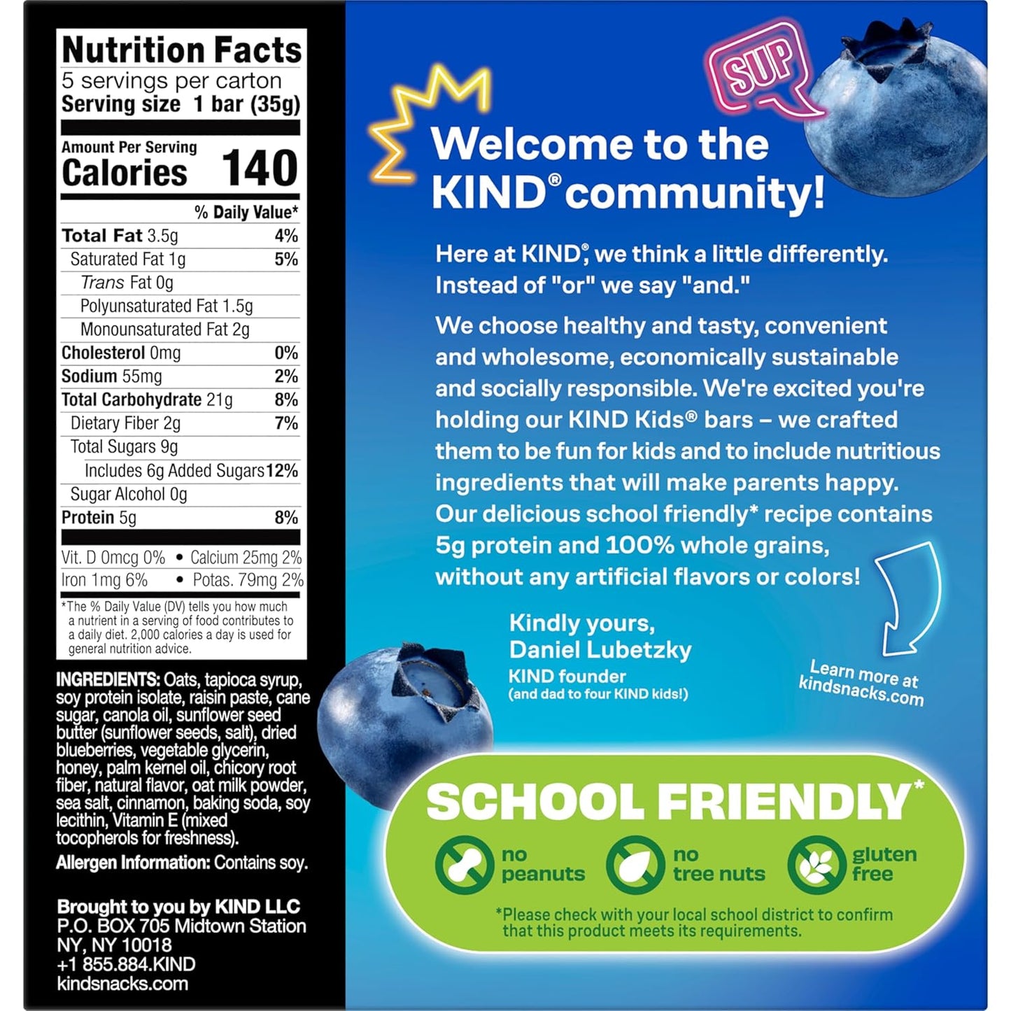 KIND Kids Snacks, Blueberry Muffin Bar, Tree Nut Free, Peanut Free, Gluten Free, Whole Grains and Oats, 5g Protein, 5 Count