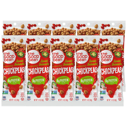 The Good Bean Crunchy Chickpeas - Sweet Sriracha - (10 Pack) 1.4 oz Packet - Roasted Chickpea Beans - Vegan Snack with Good Source of Plant Protein and Fiber
