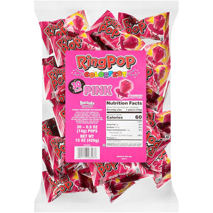 Ring Pop Pink Colorfest Holiday Candy Pink Lollipops - 30 Ct Bulk Candy Individually Wrapped in Pink Strawberry Flavor - Hard Candy Lollipops For Party Favors, Stocking Stuffers, Bachelorette Parties