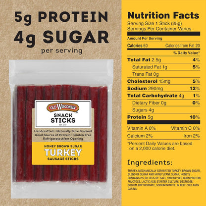 Old Wisconsin Honey Brown Sugar Turkey Sausage Snack Sticks, Naturally Smoked, Ready to Eat, High Protein, Low Carb, Keto, Gluten Free, 28 Ounce Resealable Package