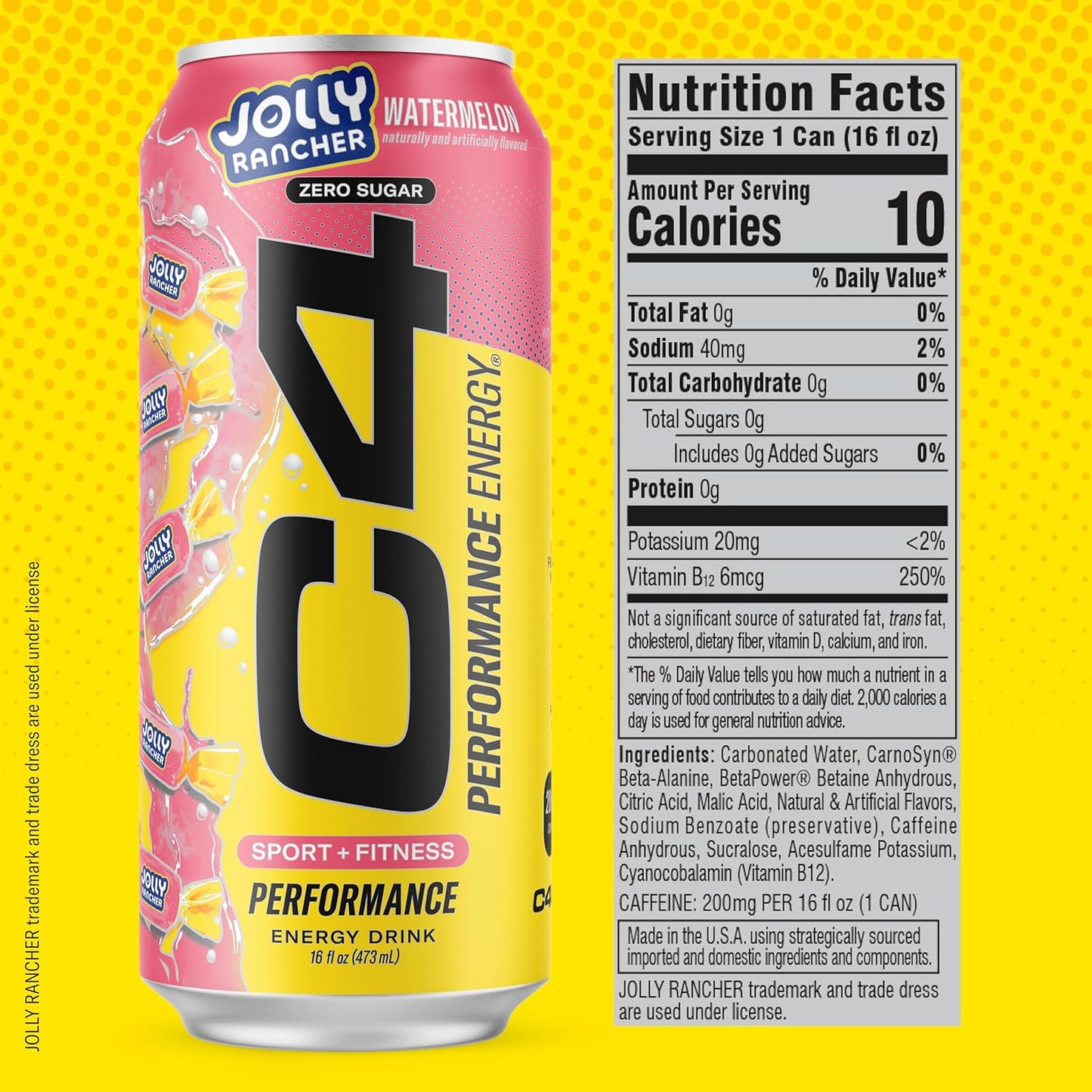 Cellucor C4 Performance Energy Drink | JOLLY RANCHER Watermelon | Zero Sugar Carbonated Preworkout Energy | 200mg Caffeine with Beta Alanine | 16 Fl Oz (12 Pack)