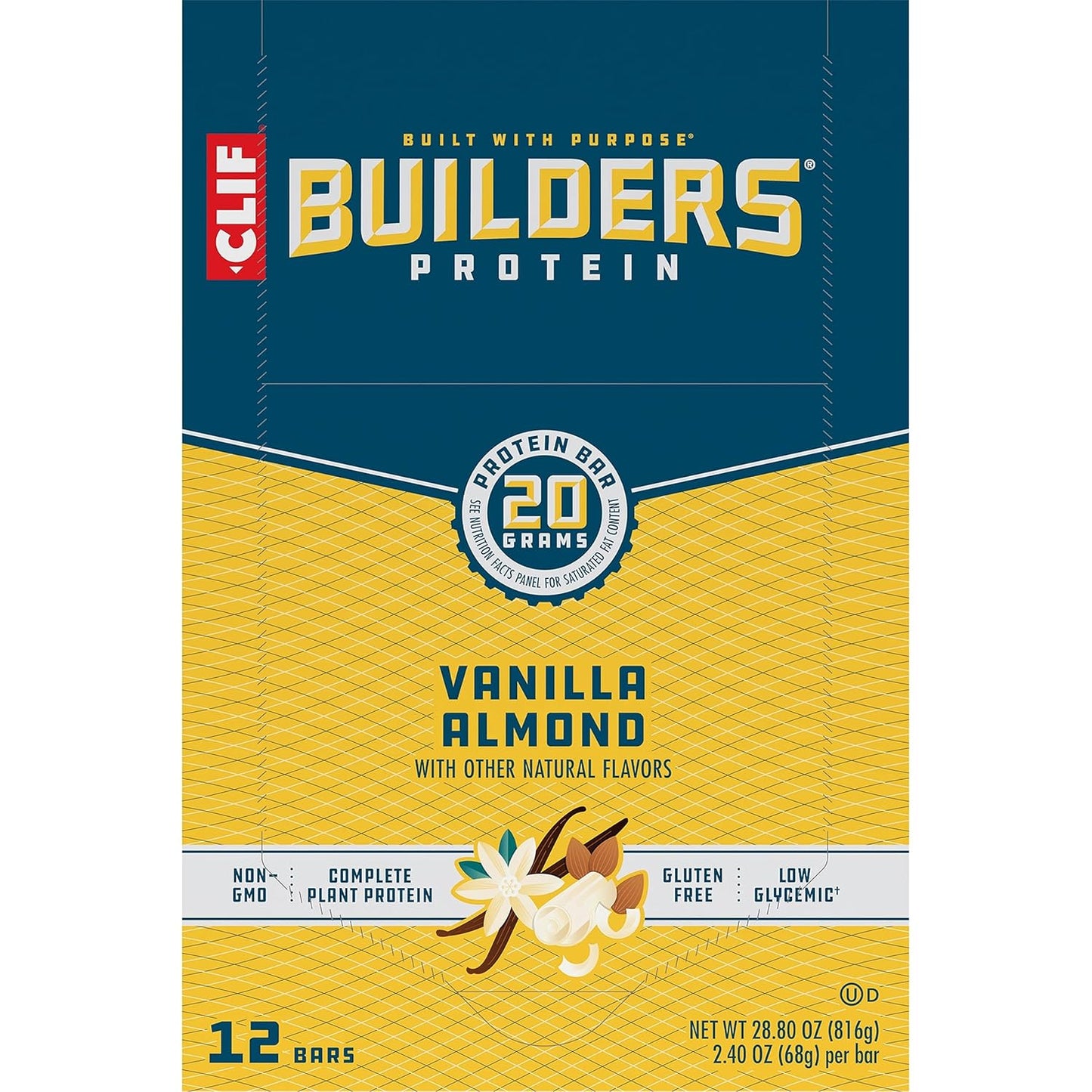 CLIF Builders - Vanilla Almond Flavor - Plant Based Protein Bars - Gluten Free - Non-GMO - Low Glycemic - 20g Protein - 2.4 oz. (12 Count)